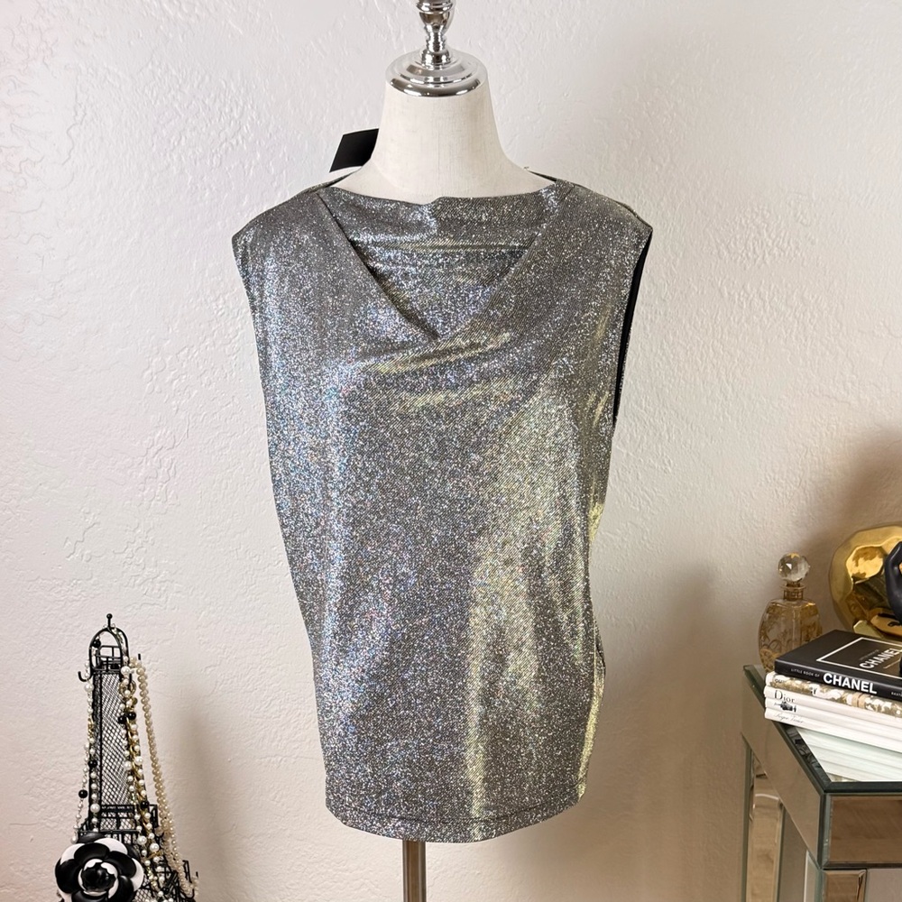 NWT RtA Disco‎ Metallic Draped Cowl Neck Sleeveless Top Silver Gold M Edgy Luxe - Picture 6 of 12